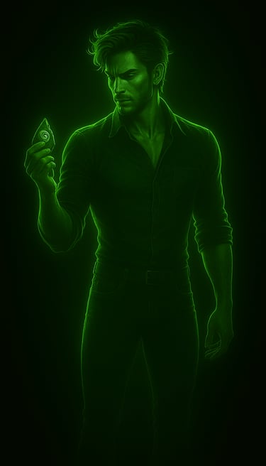 Julian Worthy, brooding agent bathed in green light, stares at a cursed shard with haunted intensity