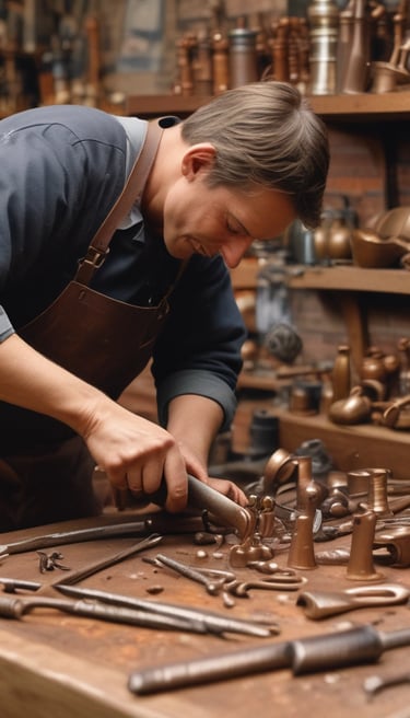A skilled craftsman in a leather apron handcrafting bronze hardware at a wooden workbench.