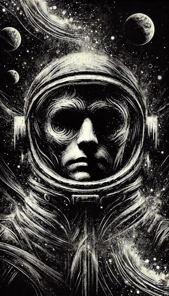 A dark astronaut portrait illustrated in a monochrome art style.