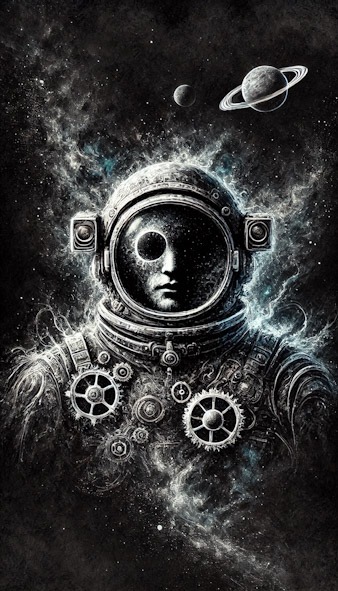 A cool, futuristic astronaut portrait illustrated in a dark monochrome style.