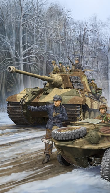 Book cover illustration of Battle of Ardennes 1944 WWII, Peiper, military boxart and book cover illu