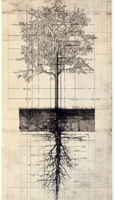 Vintage botanical drawing showing a tree and its root system on a technical grid paper background.