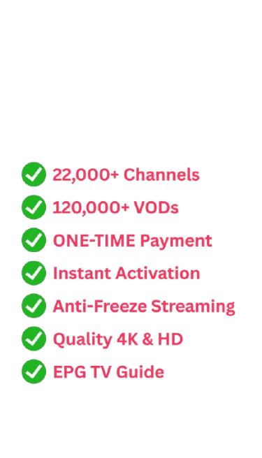 DROGON TV Checklist of IPTV features including 4K streaming, 22,000 channels, and EPG TV Guide.