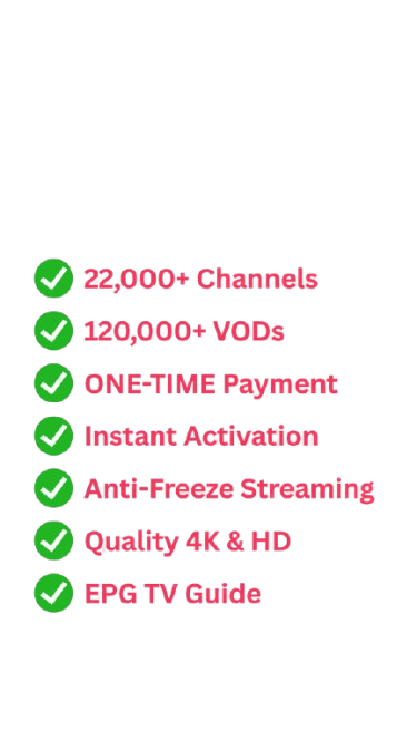 DROGON TV Checklist of IPTV features including 4K streaming, 22,000 channels, and EPG TV Guide.