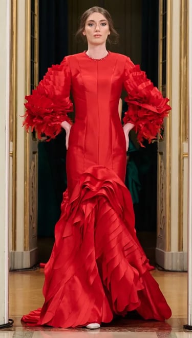 Red couture gown with voluminous ruffled sleeves – Chanços Spring Summer 2026