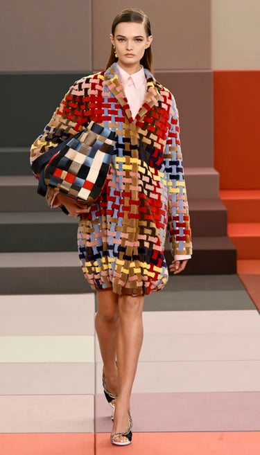 Fendi Spring Summer 2026 runway – colourful woven oversized coat with matching bag.