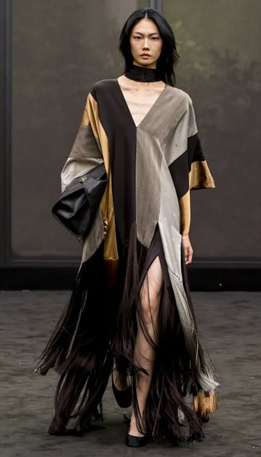 Ferragamo flowing patchwork dress with long fringe – Spring Summer 2026.