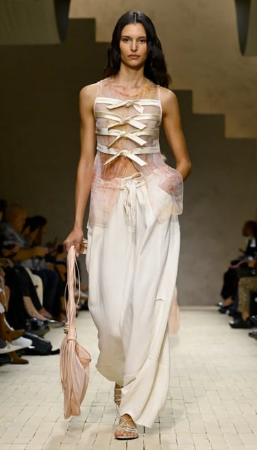 Armani Spring Summer 2026 – Fluid ivory tied sheer top and trousers.