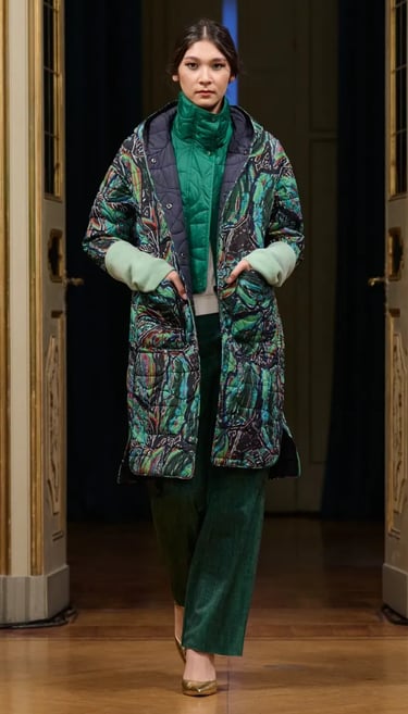 The A Story green quilted jacket set Spring Summer 2026.