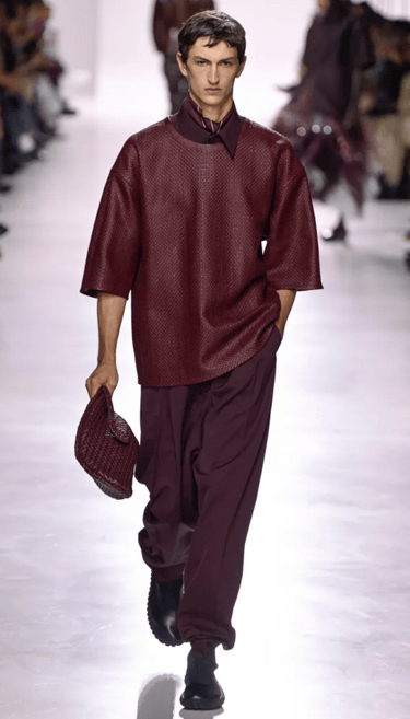 Bottega Veneta Spring/Summer 2026  Burgundy textured shirt and pants runway look.