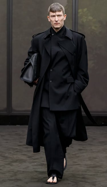 Ferragamo menswear in black trench and layered tailoring – Spring Summer 2026 runway.