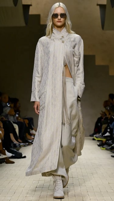 Armani Spring Summer 2026 – Long ivory patterned coat ensemble.