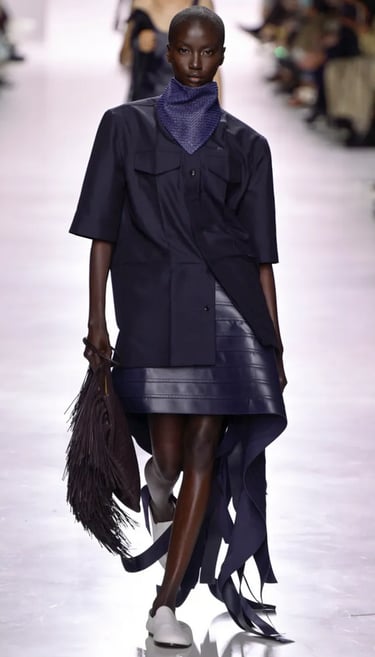 Bottega Veneta Spring Summer 2026 – Navy asymmetric fringe leather skirt look.