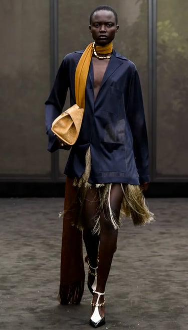 Ferragamo navy blazer and gold fringe skirt with mustard scarf – Spring Summer 2026.