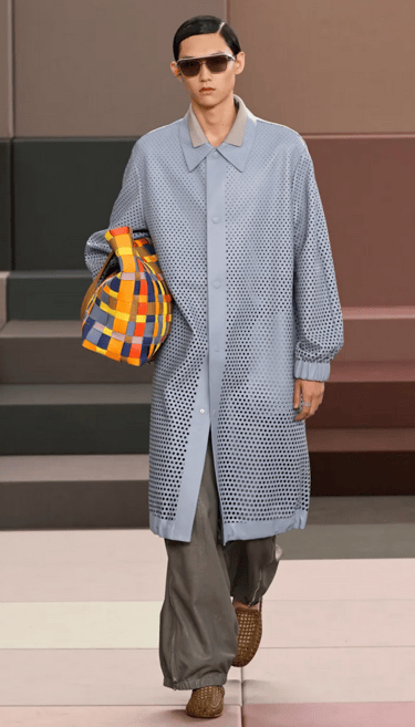 Fendi menswear look in perforated grey coat and checkered tote – Spring Summer 2026.