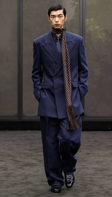 Ferragamo double-breasted navy suit with polka-dot scarf – Spring Summer 2026.