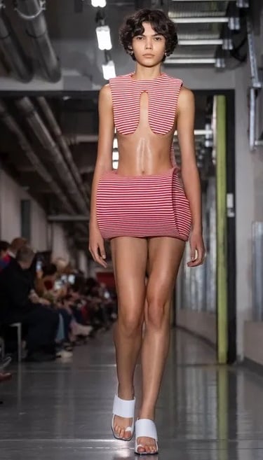 Jean Paul Gaultier SS26 – Sculptural striped mini look.