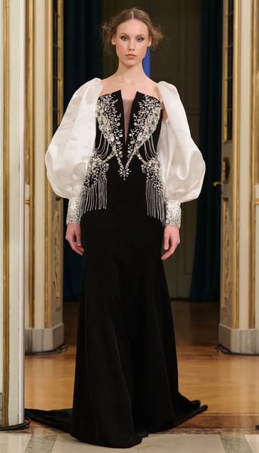 Black and white embellished evening gown with statement sleeves – Chanços Spring Summer 2026.