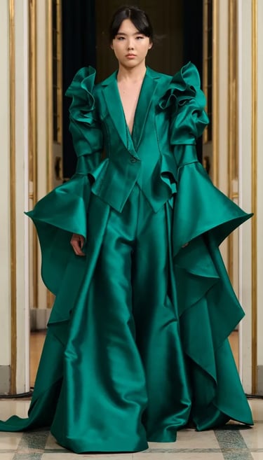 Chancos Spring Summer 2026 – Voluminous green sculptural gown.