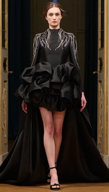 Chancos Spring Summer 2026 – Dramatic black gown with beaded details.