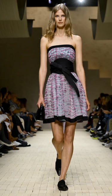 Armani Spring Summer 2026 – Strapless printed mini dress with bow belt.