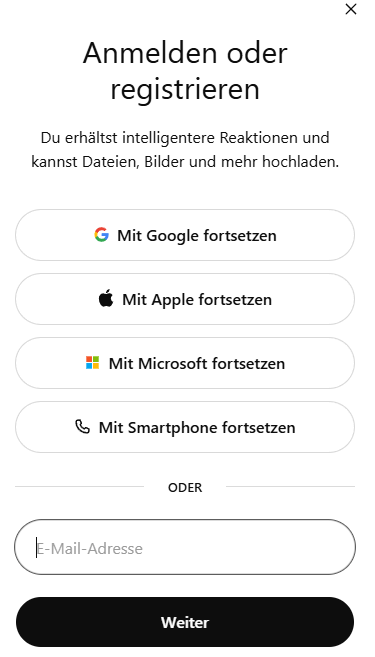 Screenshot des ChatGPT Anmeldefensters mit Optionen für Google, Apple, Microsoft und E-Mail