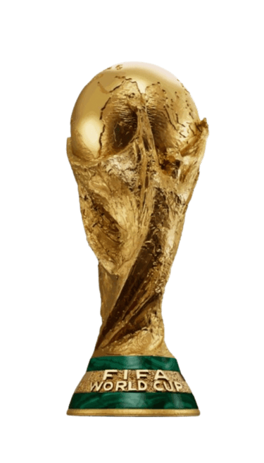 Golden FIFA World Cup trophy with green malachite rings against a black background