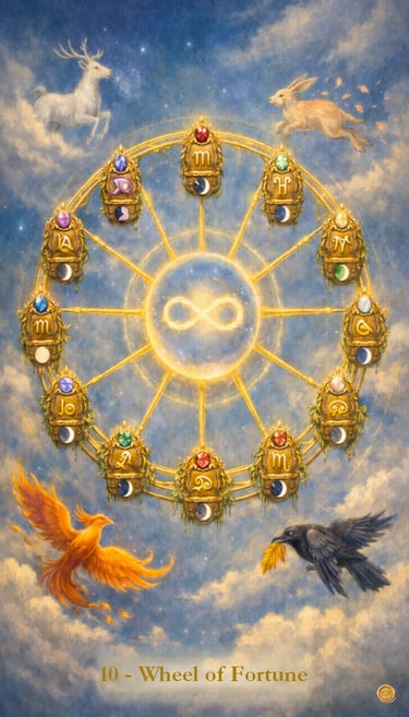 The Wheel of Fortune tarot card featuring zodiac symbols, an infinity sign, and celestial animals in a cloudy sky.