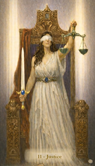 Justice Tarot card -Blindfolded Lady holding a sword and golden scales on a carved throne.