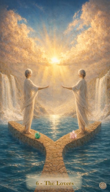 The Lovers tarot card featuring two figures reaching out over water with waterfalls and a golden sun.