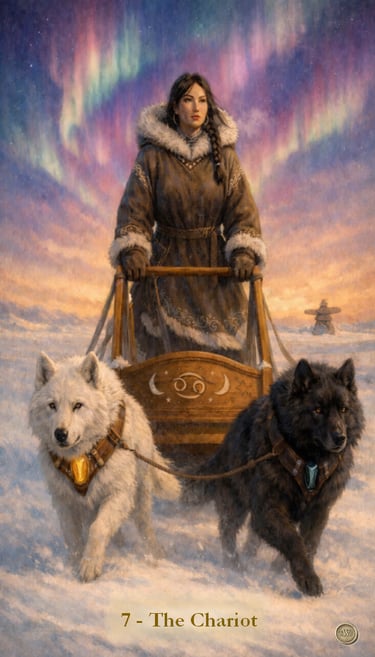 The Chariot tarot card depicting a woman on a dog sled with white and black wolves under aurora borealis.