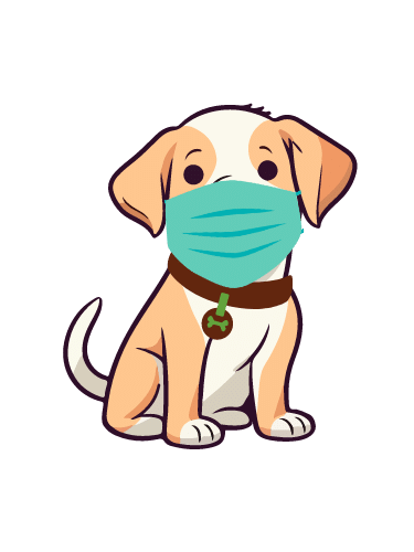 Julia's Pet Pals dog mascot with a covid-19 face mask