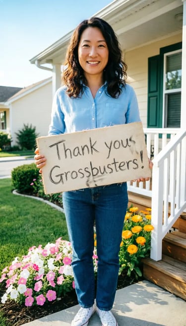 Happy client with sign that says Thank you Grossbusters!