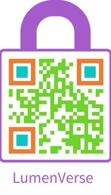 Orange, purple and green QR code for LumenVerse Store of Kathy LaFollett's print on demand merchandise.