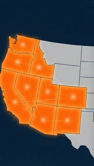An orange-highlighted map of the Western United States set against a dark blue, technical-style background.