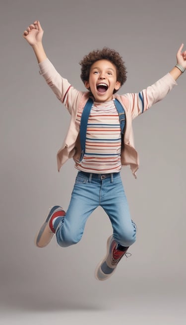 a young boy jumping in the air with his hands up in the air
