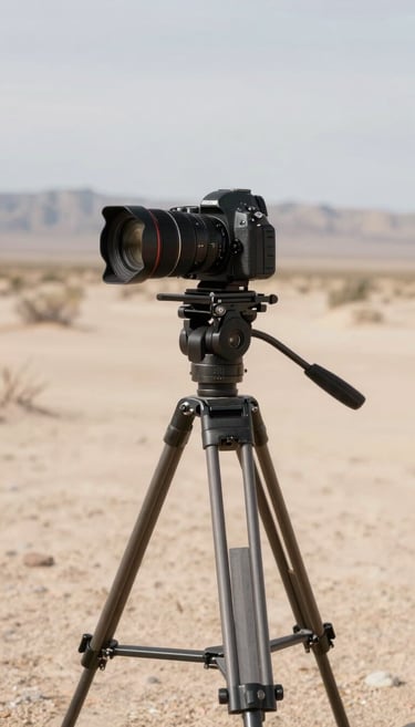 A professional medium shot of a high-end camera setup on a tripod standing in the middle of a desert land parcel in Northeast Nevada. The background shows the immense distance of the horizon. The lighting is crisp, highlighting the professional equipment and the rugged elegance of the environment in tones of dark brown and off-white.