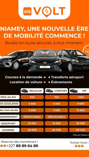 VOLT Niger révolutionne le transport à Niamey : taxis privés, VTC, transferts aéroport, location de