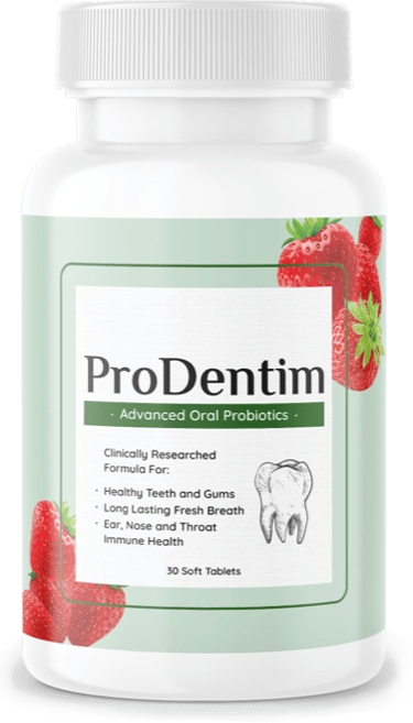 Bottle of ProDentim Advanced Oral Probiotics for healthy teeth, gums, and fresh breath.