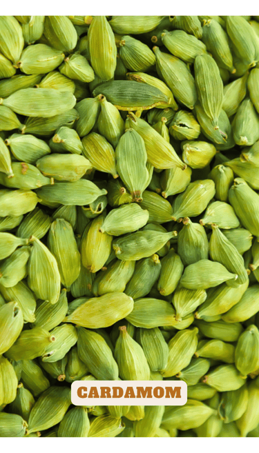 Cardamom: "Green cardamom pods grouped together, aromatic spice used in cooking and beverages"