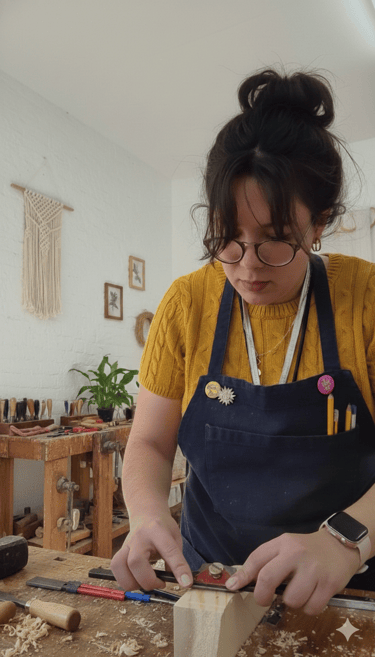 Una artesana con un suéter amarillo y un delantal utiliza un cepillo de carpintero sobre la madera e