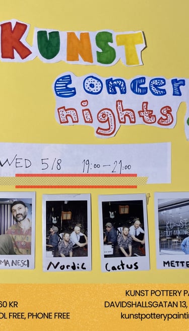 Poster for Kunst Concert Nights in Malmo featuring live music acts Karma Nesci, Nordic Cactus, and Mette.