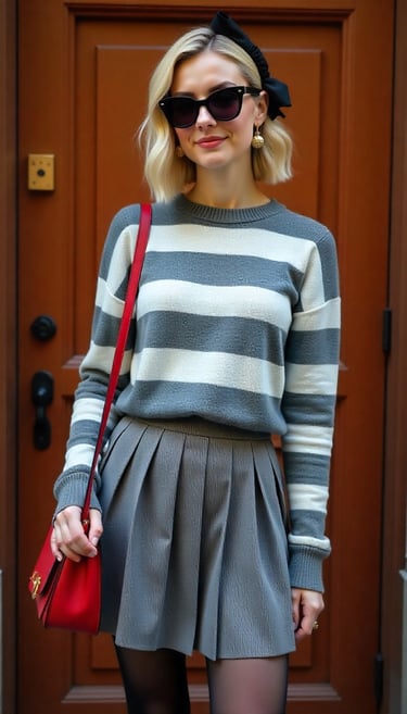 a woman in a striped sweater and skirted skirt