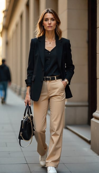 a woman in a black blazer and pantsuituits and a black jacket