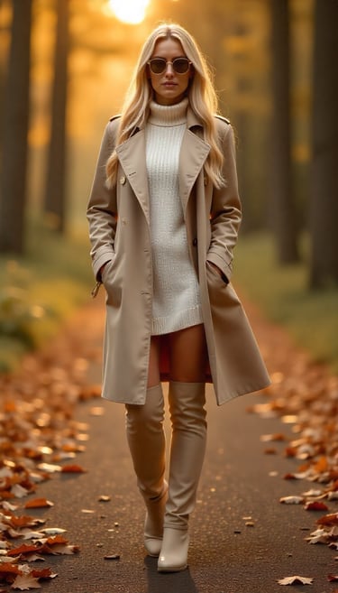 a woman in a coat and boots is walking down a path