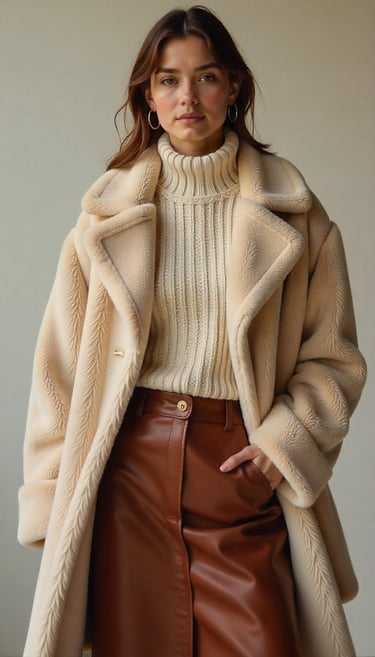 a woman in a white sweater and leather skirt
