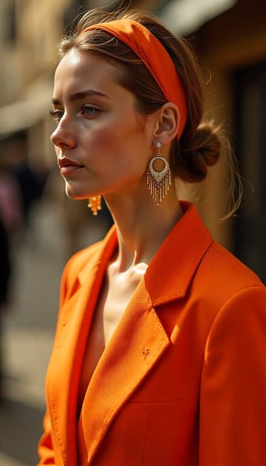 a woman in a bright orange blazer and headband