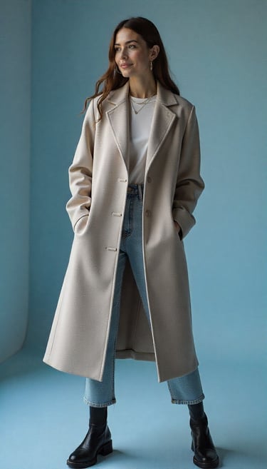 a woman in a beige coat and jeans standing in front of a blue wall