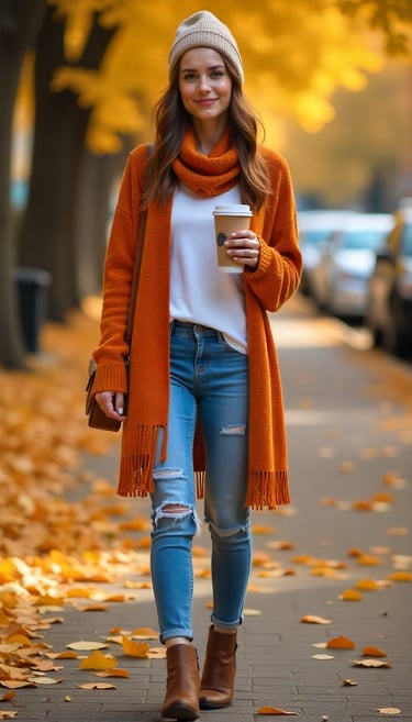 a woman in a hat and scarf on a sidewalk