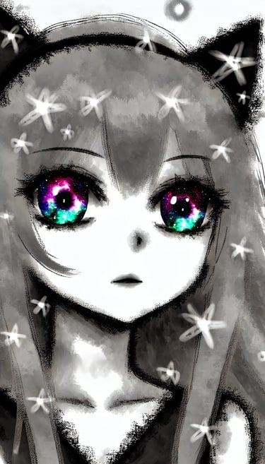 Monochrome portrait of an anime girl with colorful cosmic eyes – SimcaArt gallery full-size.